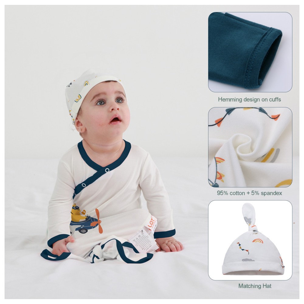 Lat - 3pc-Set - Baby Boy's Fashionable Knotted Sleepsuit With Hat - Blue