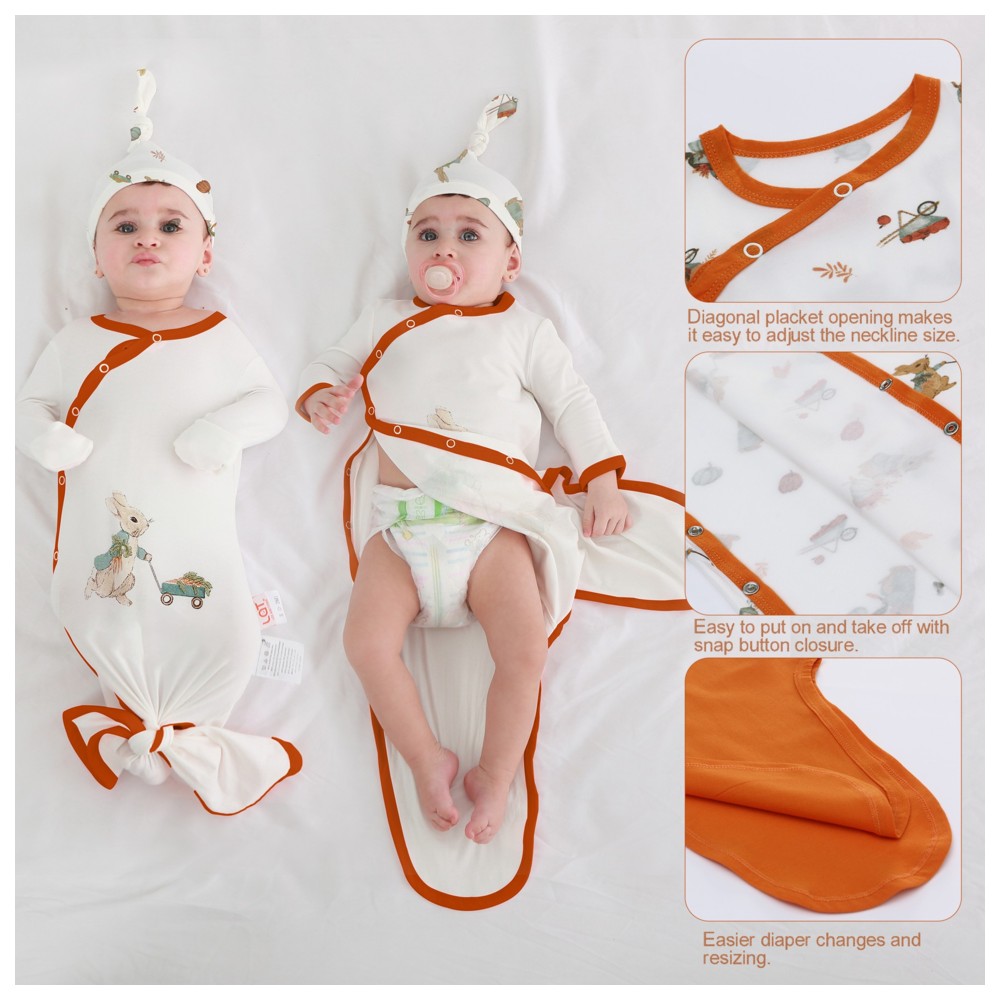 Lat - 3pc-Set - Baby Fashionable Knotted Sleepsuit With Hat - Orange