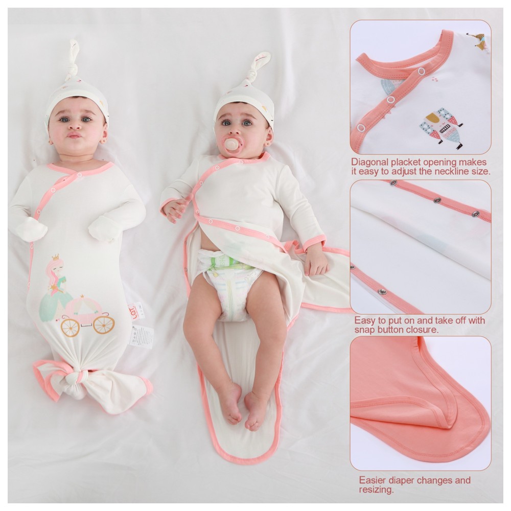 Lat - 3pc-Set - Baby Girl's Fashionable Knotted Sleepsuit With Hat - Pink