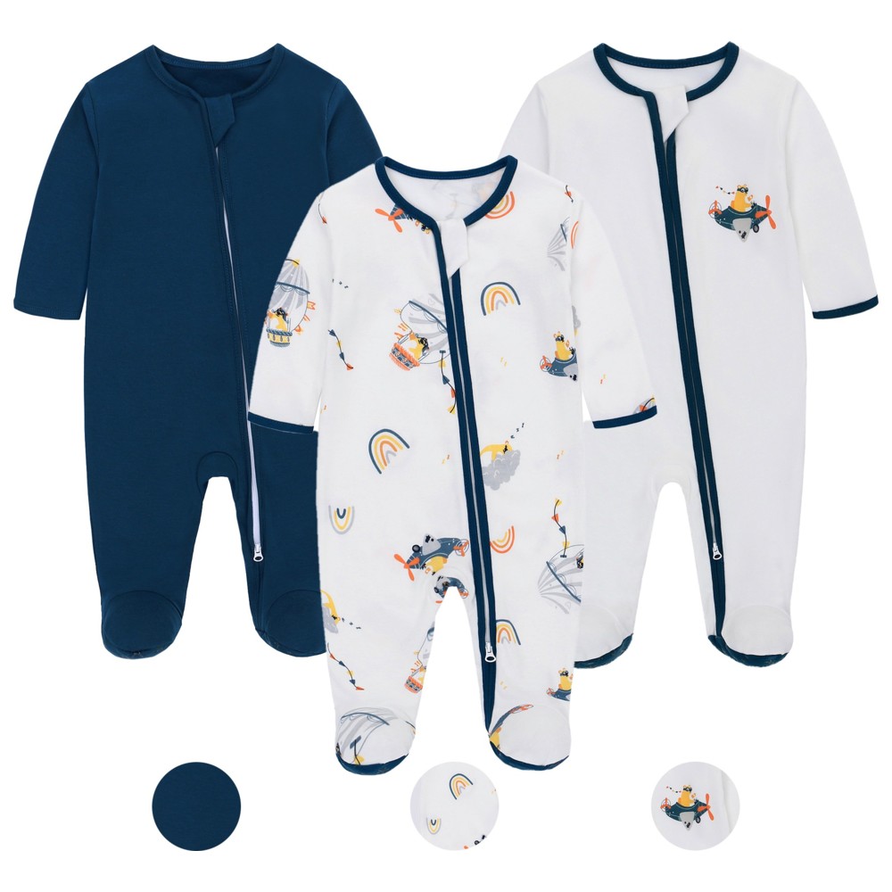 Lat - 3pc-Set - Baby Boy's 100% Cotton Long Sleeves Sleepsuit - Blue