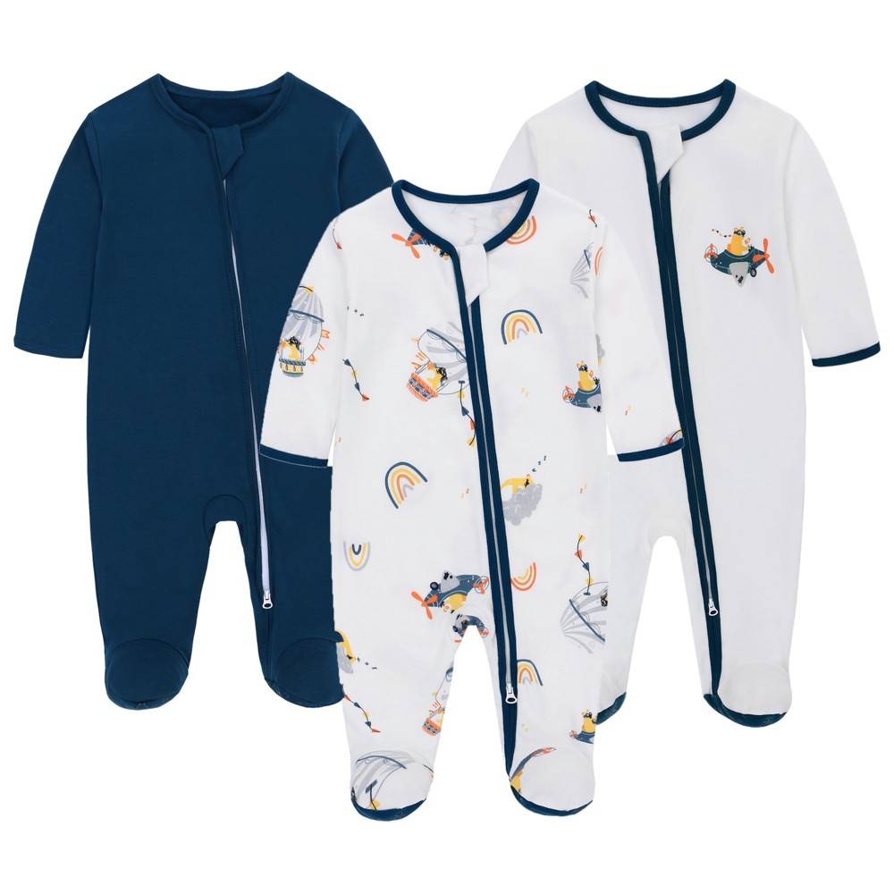 Lat - 3pc-Set - Baby Boy's 100% Cotton Long Sleeves Sleepsuit - Blue