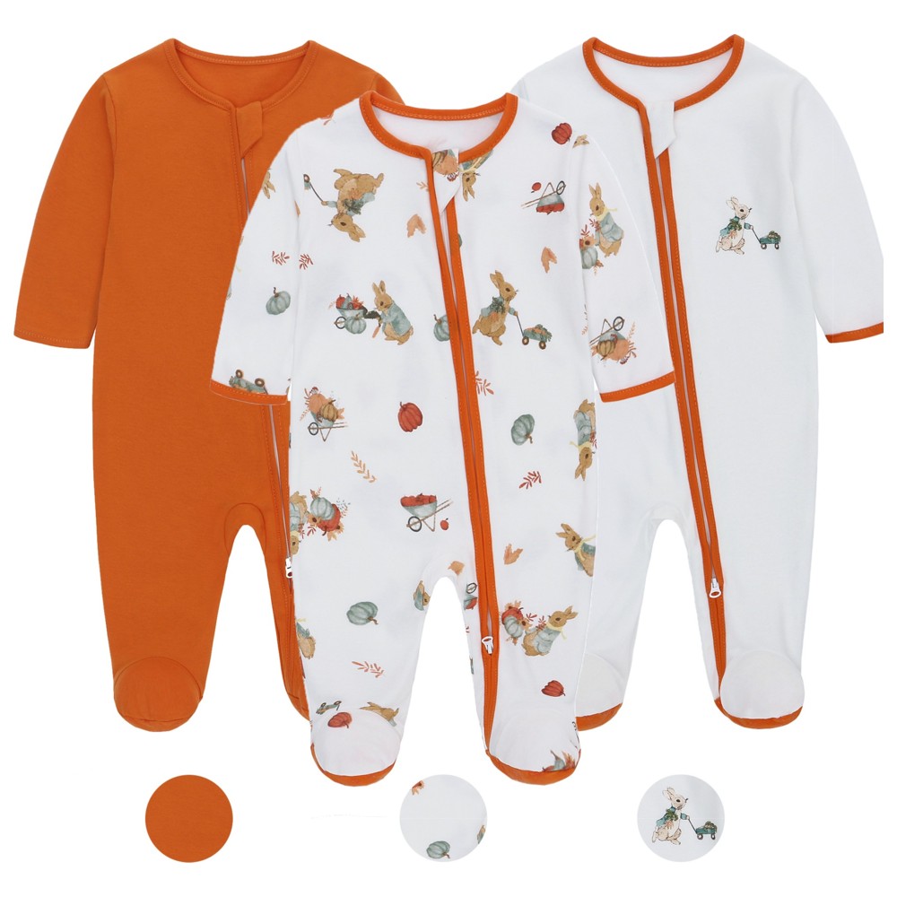 Lat - 3pc-Set - Baby 100% Cotton Long Sleeves Sleepsuit - Orange