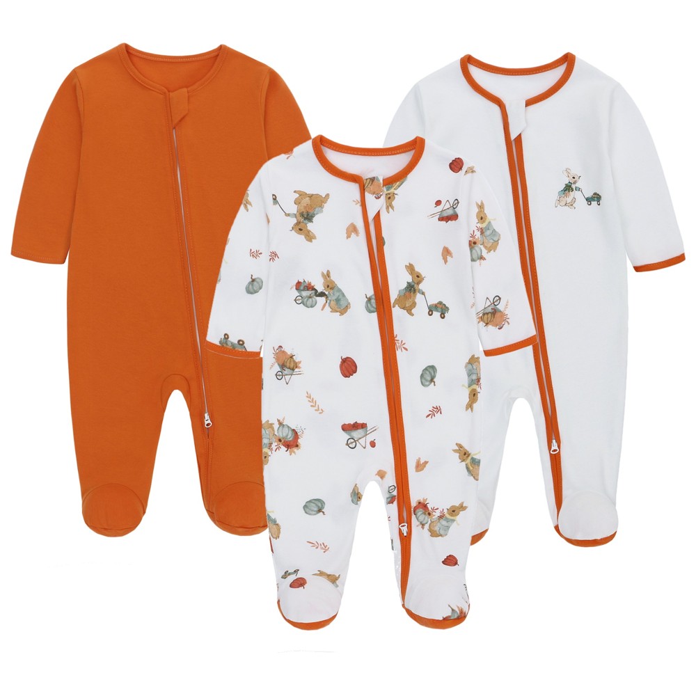 Lat - 3pc-Set - Baby 100% Cotton Long Sleeves Sleepsuit - Orange