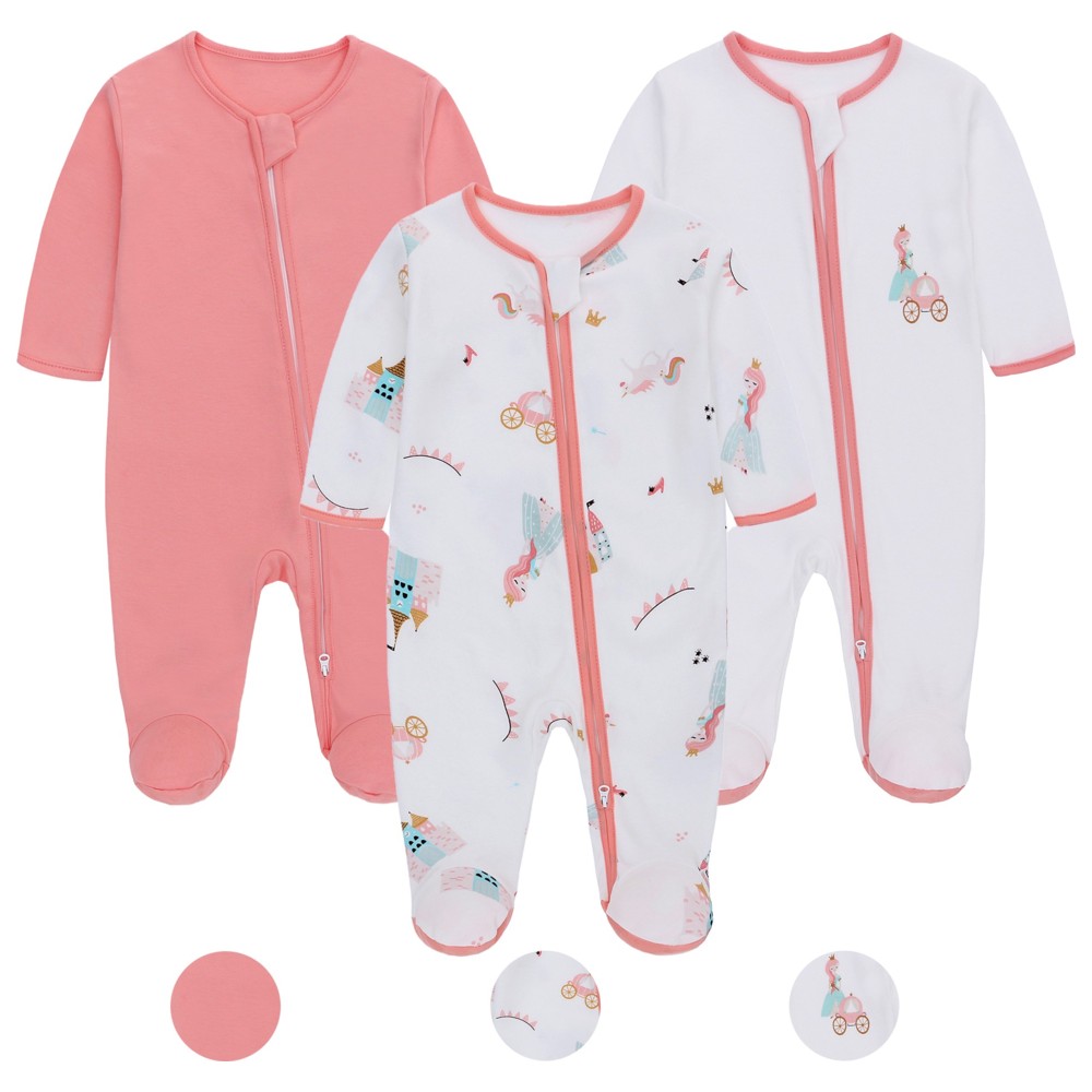 Lat - 3pc-Set - Baby Girl's 100% Cotton Long Sleeves Sleepsuit - Pink