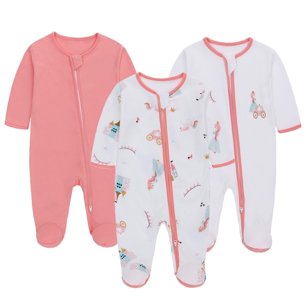 Lat - 3pc-Set - Baby Girl's 100% Cotton Long Sleeves Sleepsuit - Pink