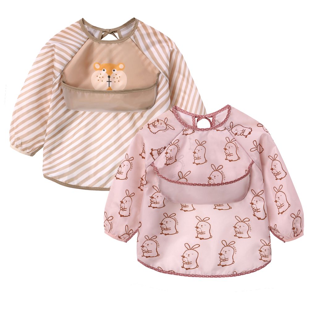 Miracle Baby - Waterproof Long Sleeves Apron Bibs - Pink - 2 Pc Set