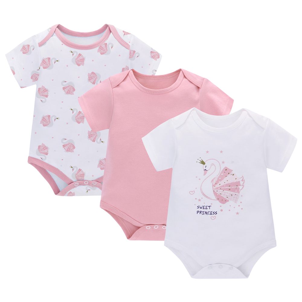 Miracle Baby - 3pc-Set - Baby Girl's Cotton Short Sleeves Bodysuit - Pink