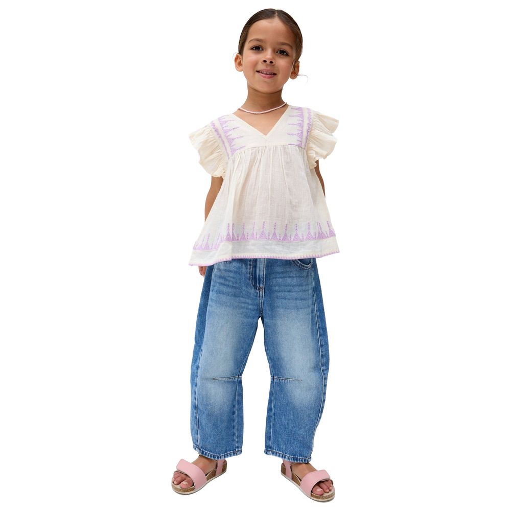 Raffya Kids Girl's Mariana Flutter Sleeve Embroidered Blouse - Cream