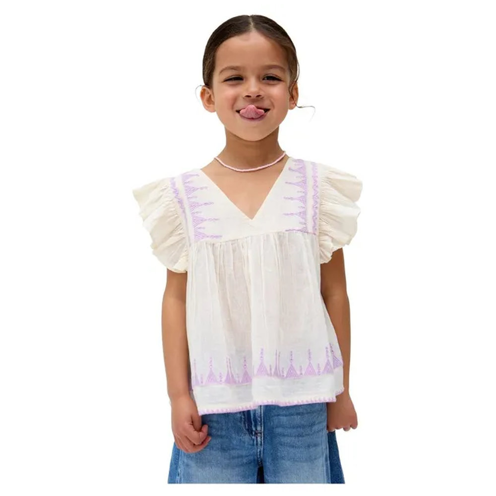 Raffya Kids Girl's Mariana Flutter Sleeve Embroidered Blouse - Cream