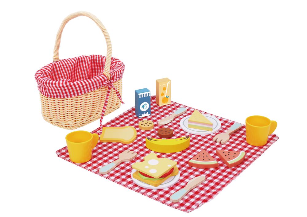 Tooky Toy Wooden Picnic Basket Pretend Playset - Multicolor - 23 Pcs