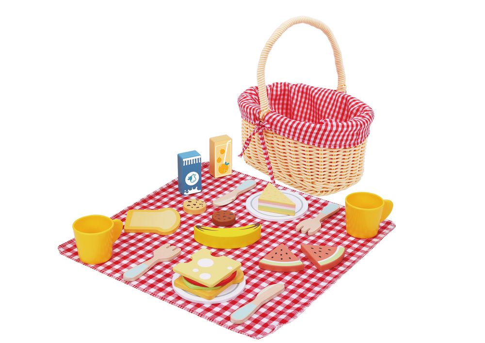 Tooky Toy Wooden Picnic Basket Pretend Playset - Multicolor - 23 Pcs