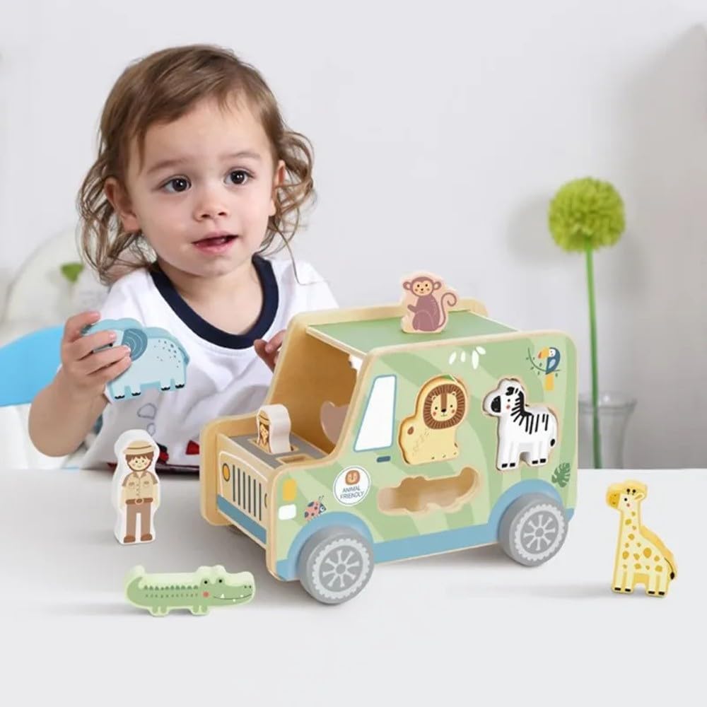 Tooky Toys Animal Jeep Wooden Shape Sorter - Multicolor - 9 Pcs