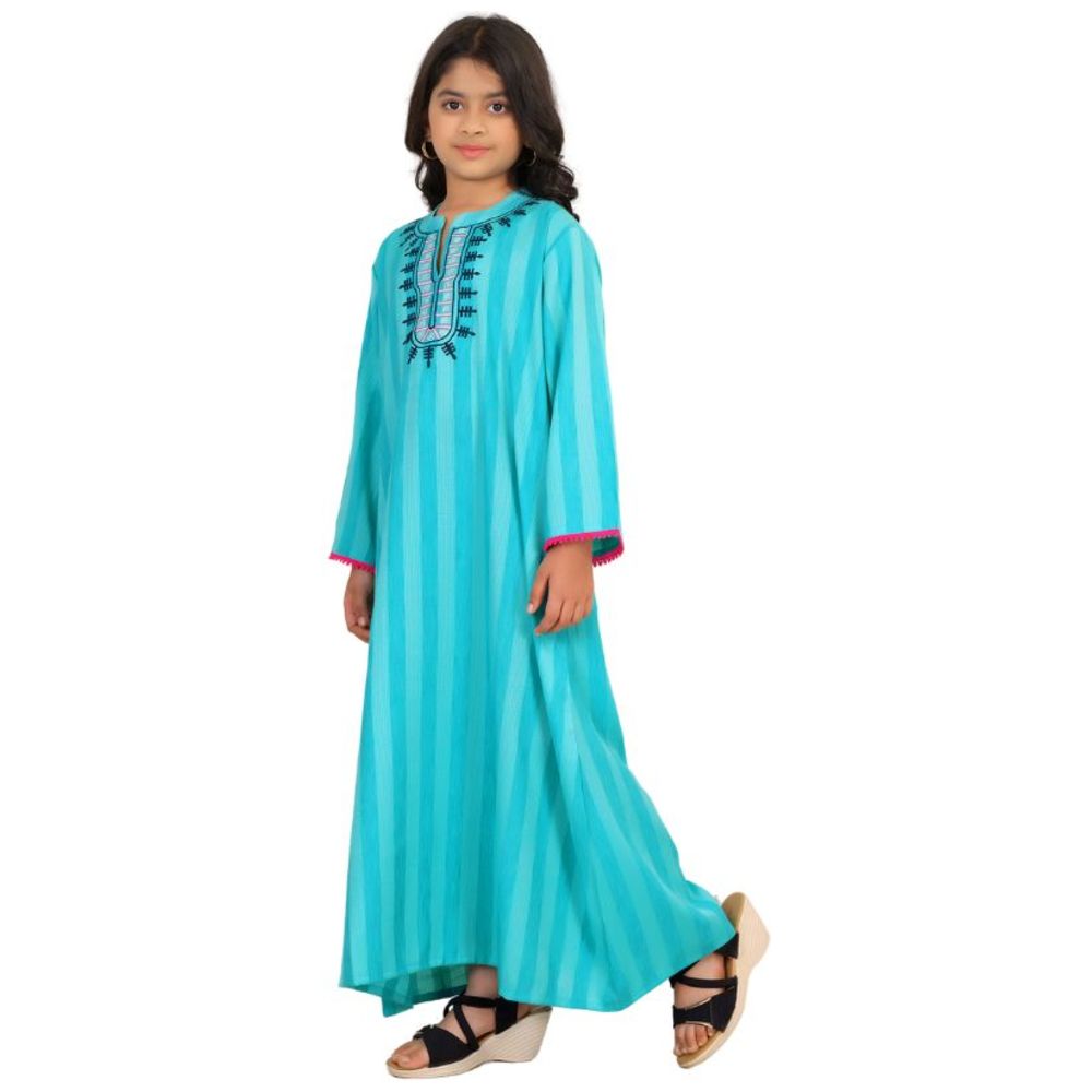 Artemea Girl's Soft Striped Rayon Embroidered Jalabiya - Blue