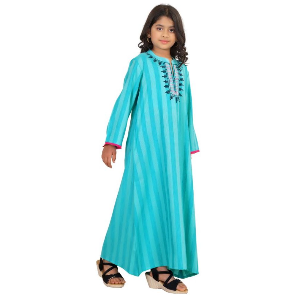 Artemea Girl's Soft Striped Rayon Embroidered Jalabiya - Blue