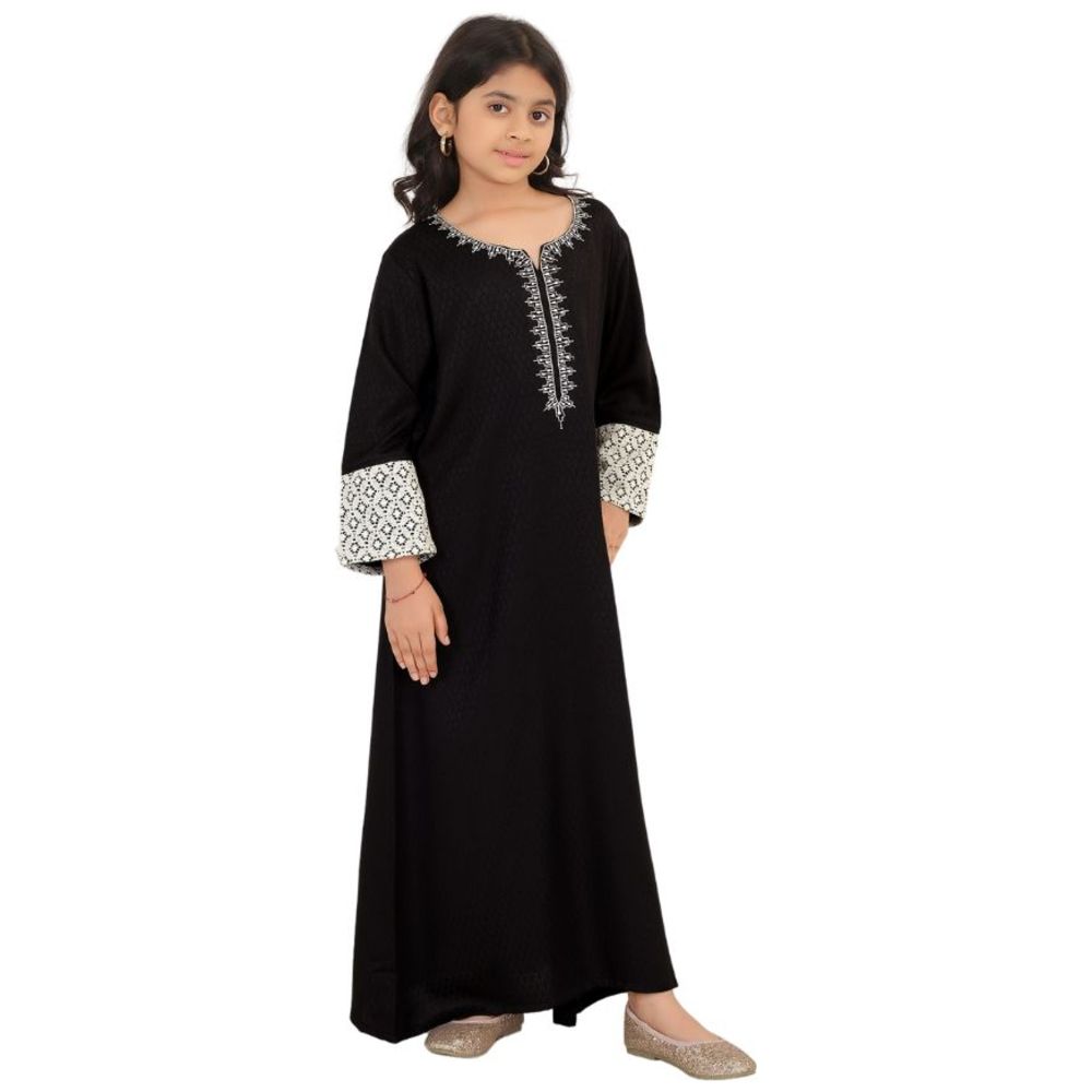 Artemea Girl's Diamond Patterned Rayon Jalabiya with Embroidery & Lace Details on Sleeves - Black