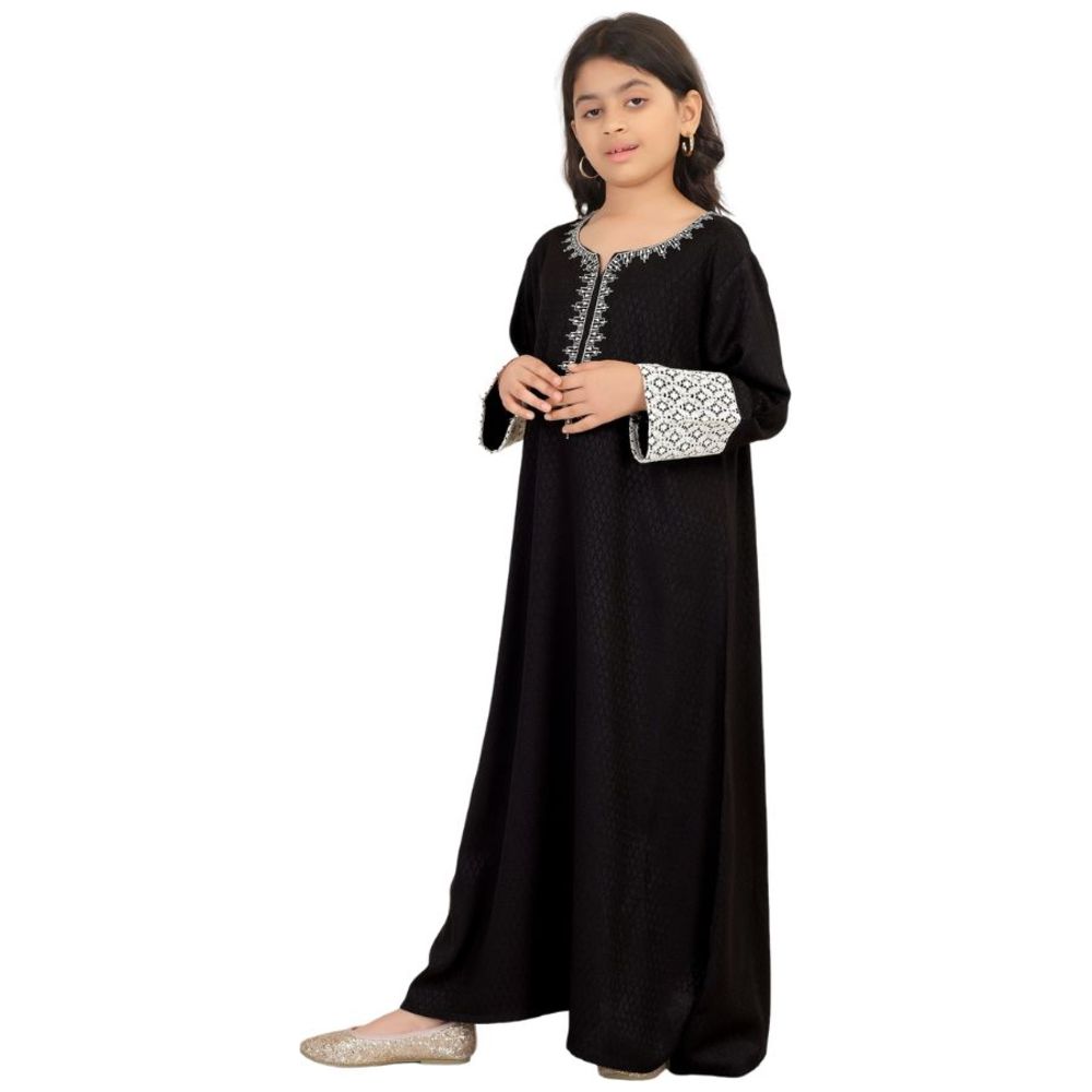 Artemea Girl's Diamond Patterned Rayon Jalabiya with Embroidery & Lace Details on Sleeves - Black