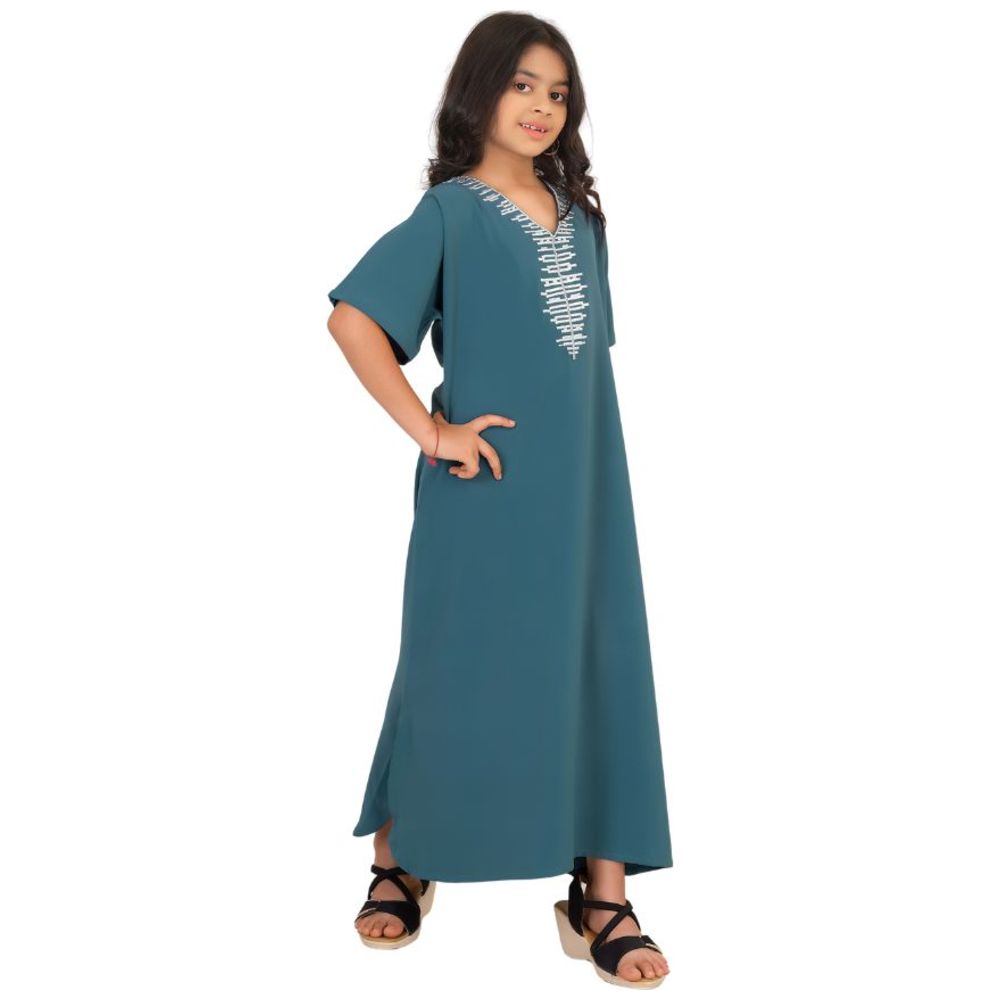 Artemea Girl's Soft Shiny Satin Finish Hand Embroidered Short Sleeves Jalabiya - Blue