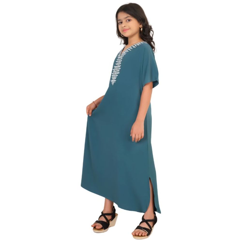 Artemea Girl's Soft Shiny Satin Finish Hand Embroidered Short Sleeves Jalabiya - Blue