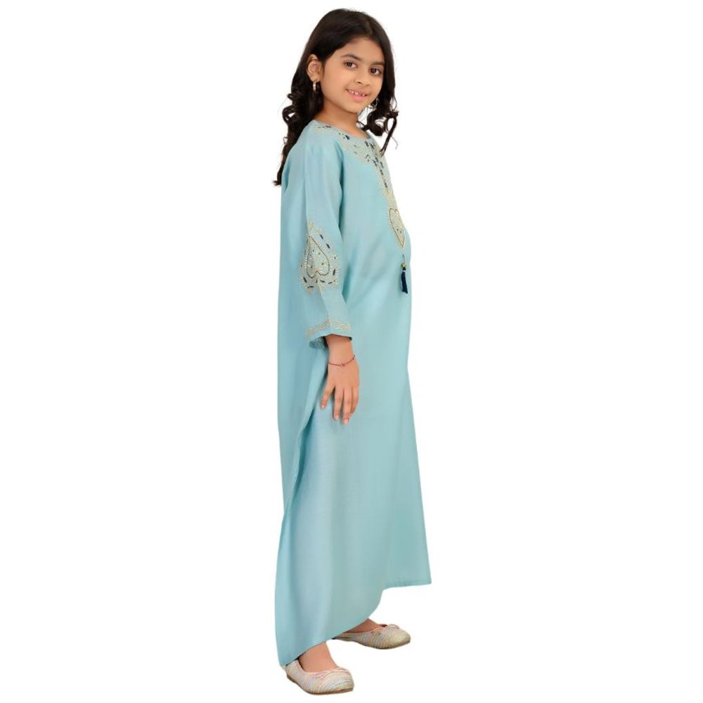 Artemea Girl's Soft Premium Textured Fabric with Golden Thread Embroidered Jalabiya - Blue
