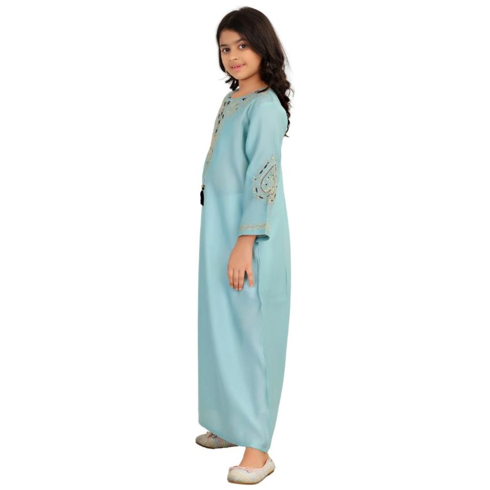Artemea Girl's Soft Premium Textured Fabric with Golden Thread Embroidered Jalabiya - Blue