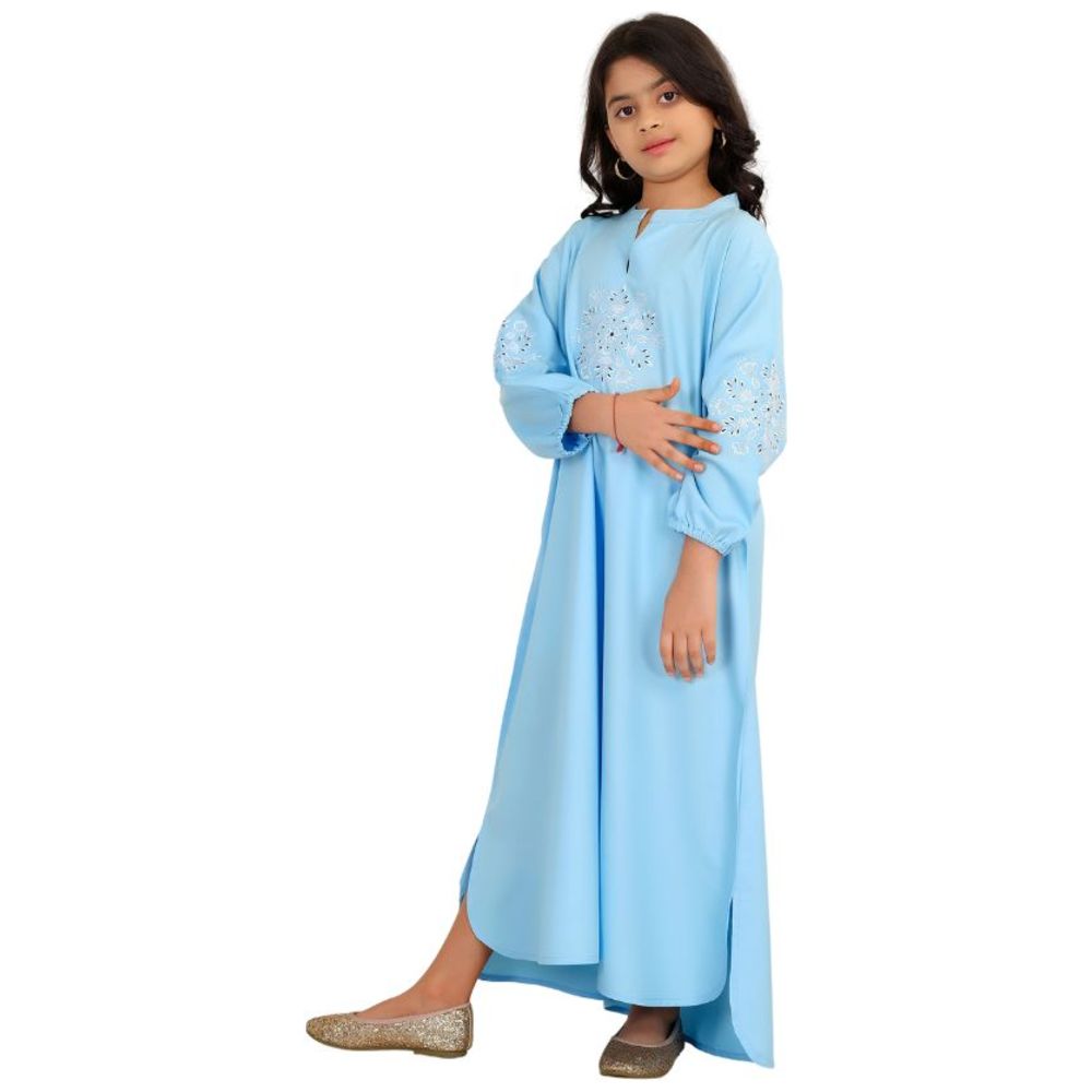 Artemea Girl's Rayon Jalabiya with Delicate Embroidery & Sleeve Cuff Details - Blue