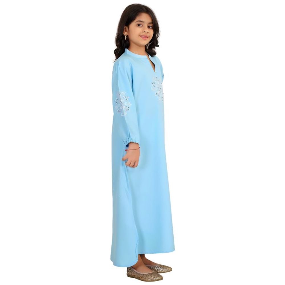 Artemea Girl's Rayon Jalabiya with Delicate Embroidery & Sleeve Cuff Details - Blue