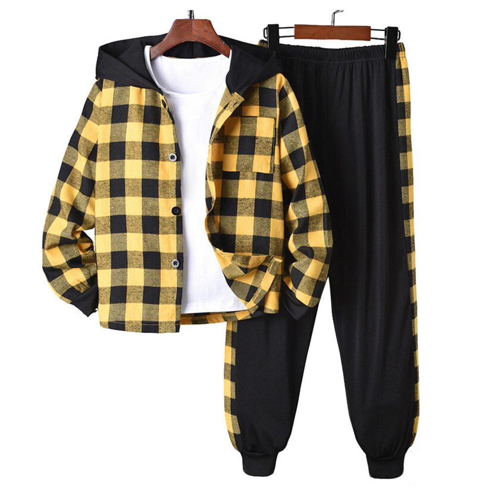 Kikofendy Boys' Hooded Jacket and Color-Block Patchwork Cuffed Pants Yellow/Black - 2 Pcs