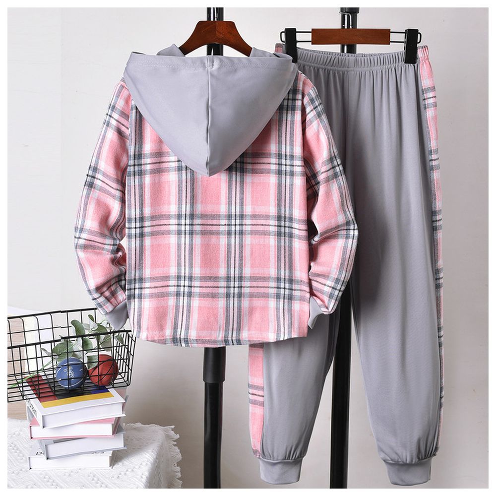 Kikofendy Boys' Hooded Jacket and Color-Block Patchwork Cuffed Pants Pink/Grey - 2 Pcs