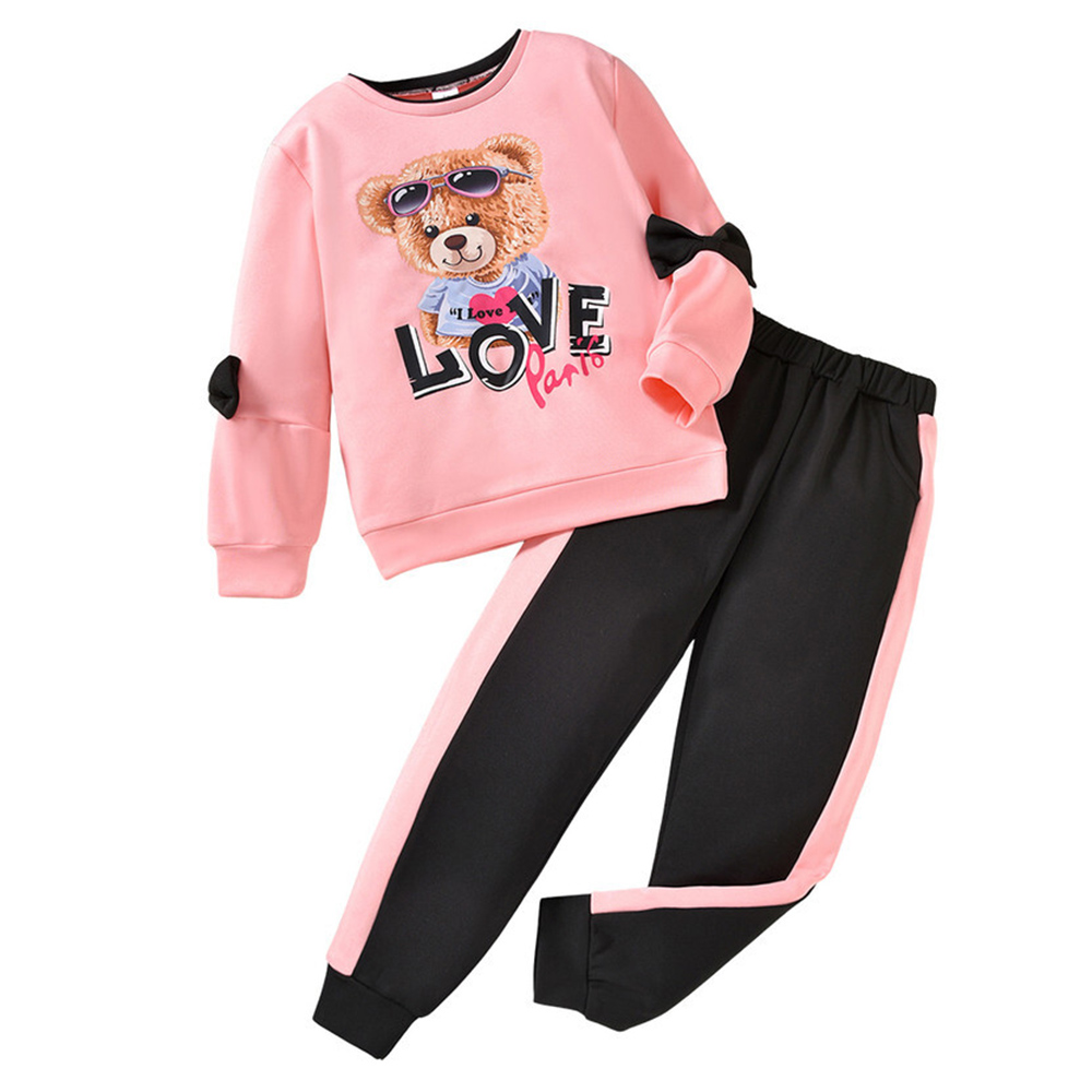 Kikofendy Girls' Cute Bear Print Sweatshirt and Color-Block Cuffed Pants - 2 Pcs
