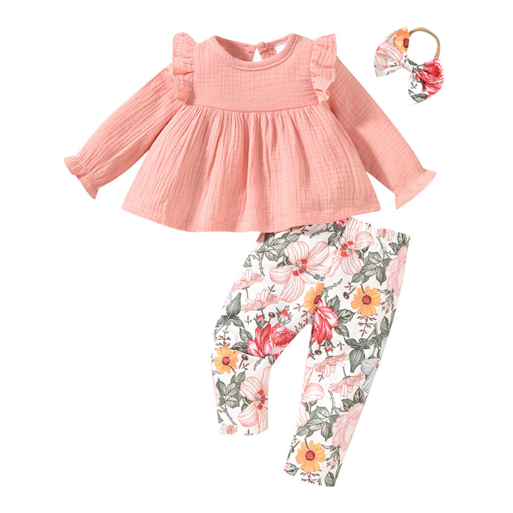 Kikofendy Sweet Vintage Girls Ruffled Babydoll Top, Floral Printed Leggings and Floral Headband - Pink - 3 Pcs