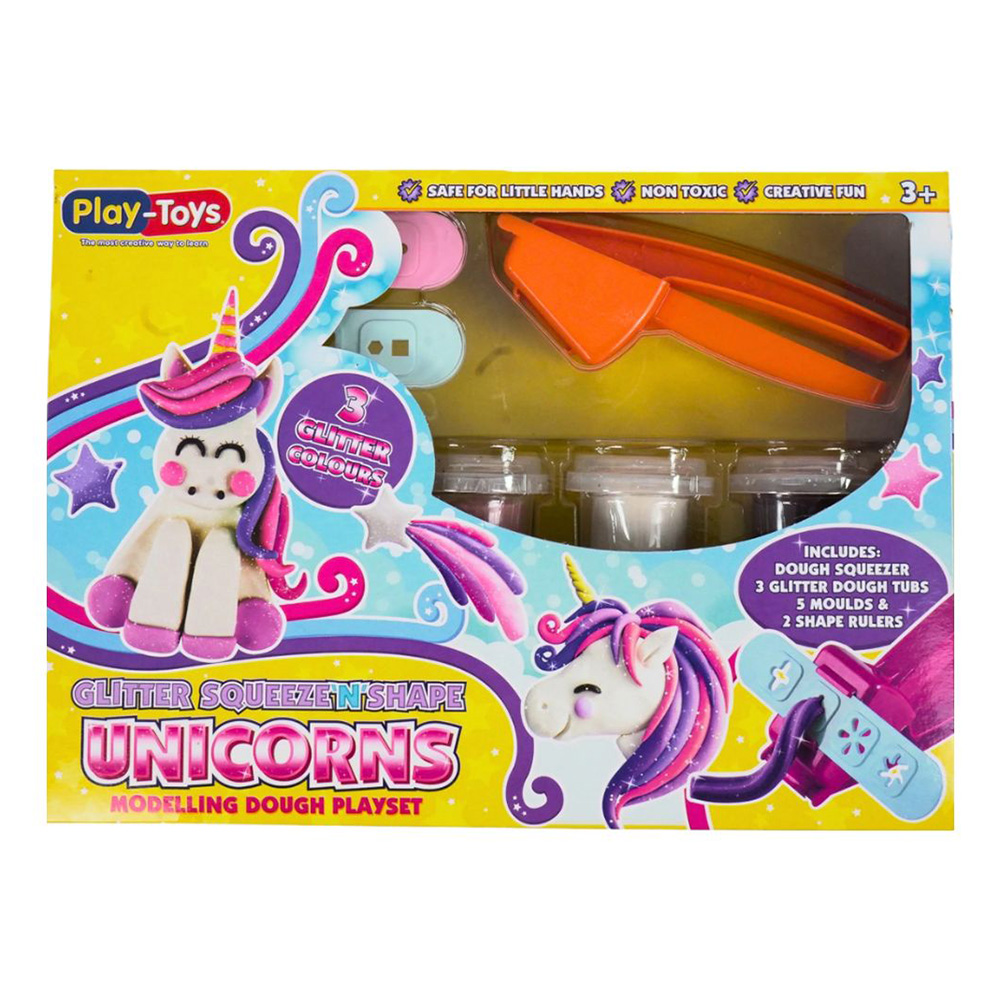 Playtoys - Glitter Squeeze And Shape Unicorns Dough Set