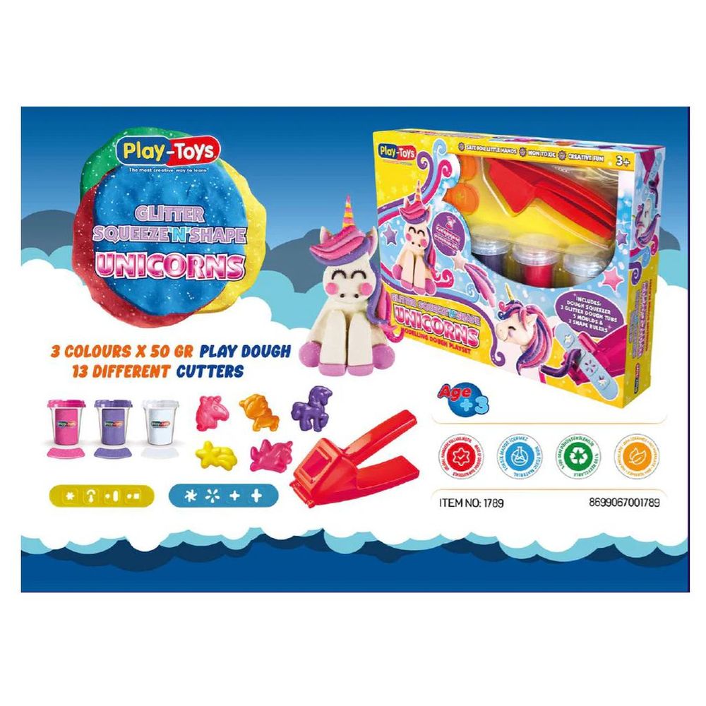 Playtoys - Glitter Squeeze And Shape Unicorns Dough Set