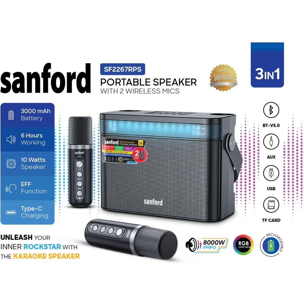 Sanford - 3-In-1 Portable Speaker With Dual Wireless Mics - Black