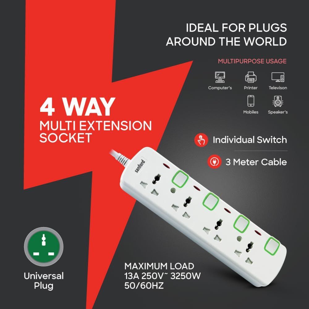 Sanford - 4-Way Universal Multi Extension Socket - White
