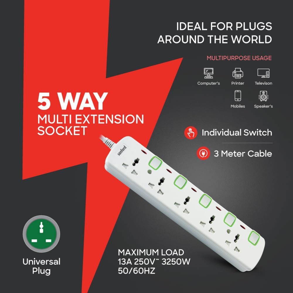 Sanford - 5-Way Universal Multi Extension Socket - White