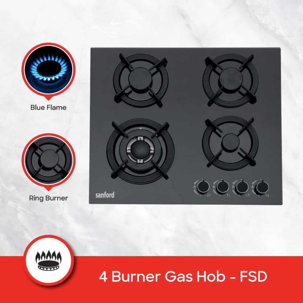 Sanford - 4 Burner Tempered Glass Gas Hob - Black