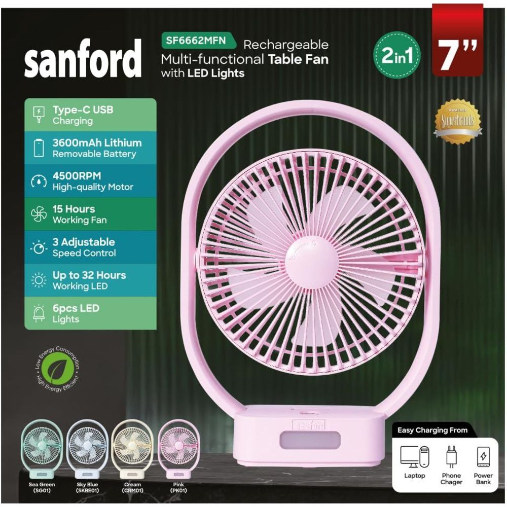 Sanford - Rechargeable Mini Table Fan With LED Lights - Pink - 18 cm
