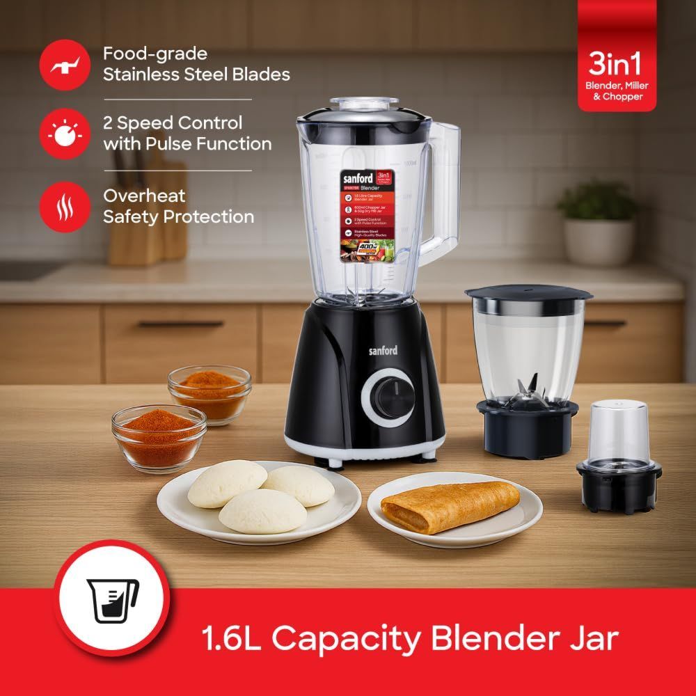 Sanford - 3-In-1 Blender & Mil - Black - 1.6 L - 400 W
