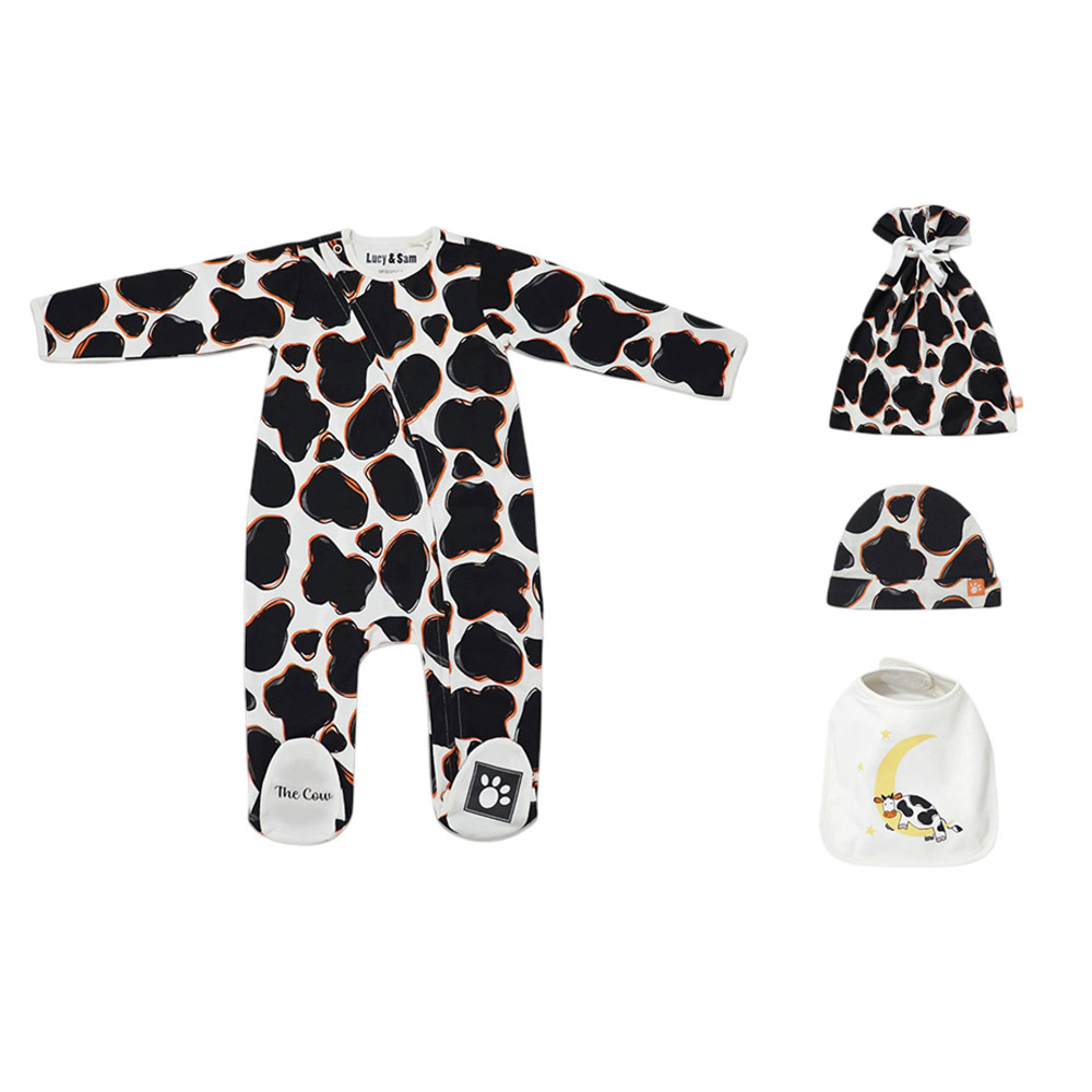 Lucy & Sam Baby Cow Babygrow with Bib, Hat and Drawstring Bag