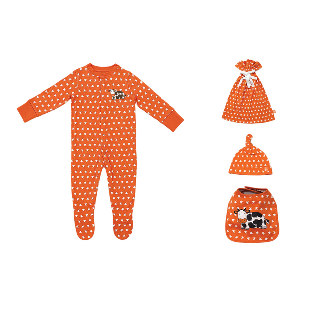 Lucy & Sam Baby Pumpkin Star Babygrow with Bib, Bandana Hat and Drawstring Bag - Orange