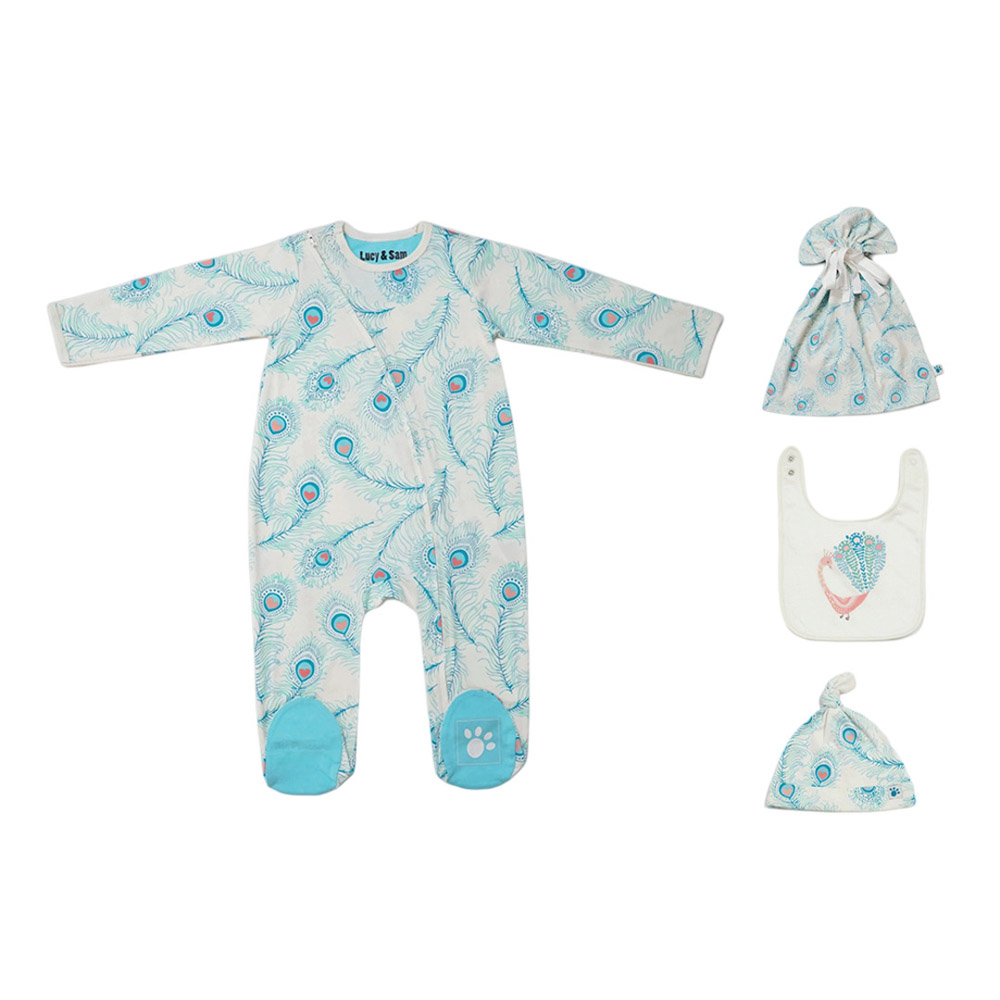 Lucy & Sam Baby Peacock Babygrow with Bib, Knot Hat and Drawstring Bag - White