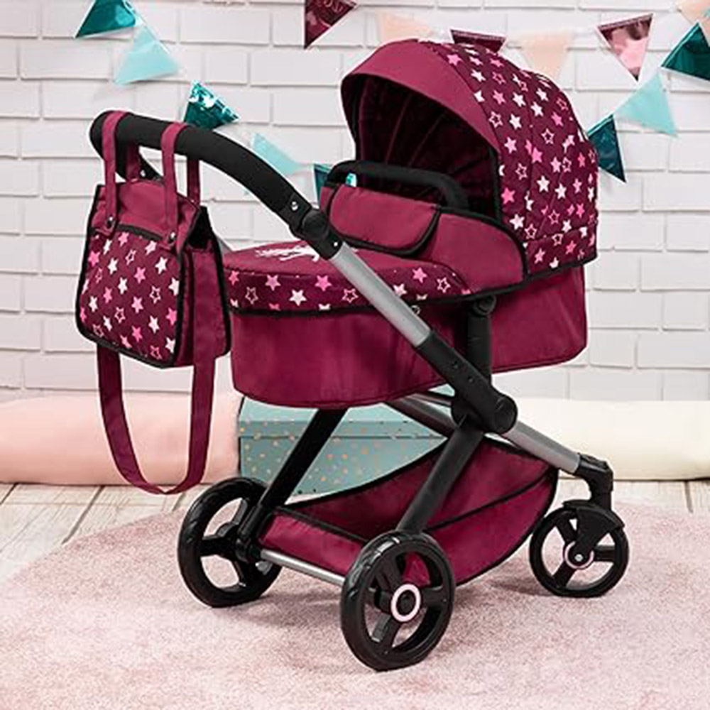 Bayer - Xeo Baby Doll's Stroller Pram With Bag - Magenta - 3 Pc Set