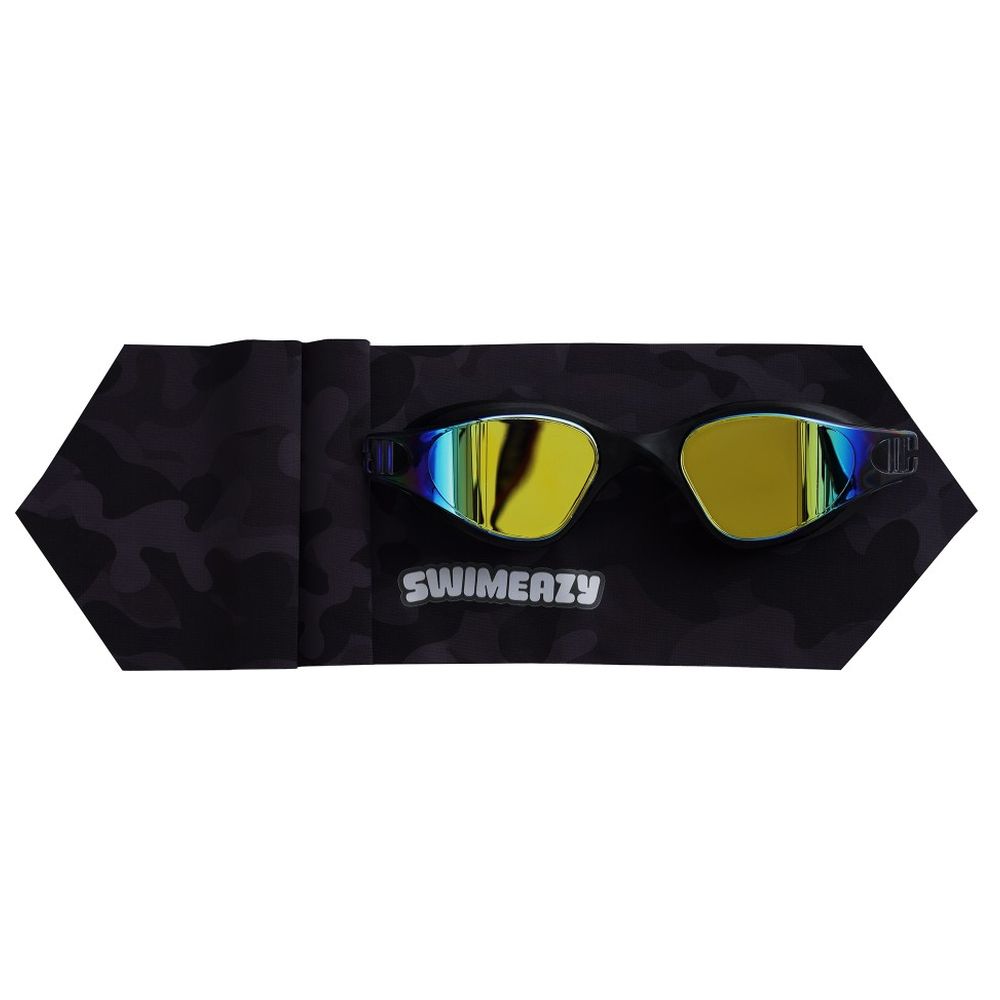 Swimeazy - Wavy Night Headband And Black Goggle With Blue Mirror Lenses