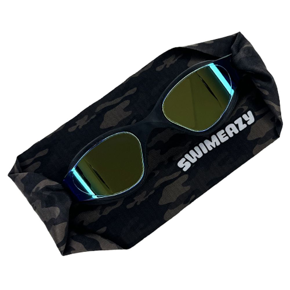 Swimeazy - Wavy Night Headband And Black Goggle With Blue Mirror Lenses