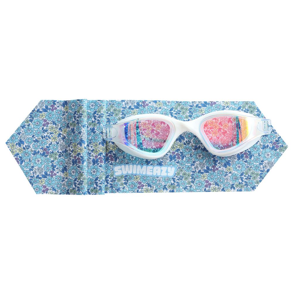 Swimeazy - Aqua Bloom Headband And White Goggle With Mirror Lenses