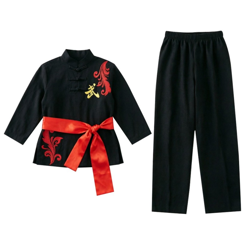 Liangsanzhi - 2pc-Set - Boy's Chinese Kung Fu Uniform With Waist Belt - Black/Red