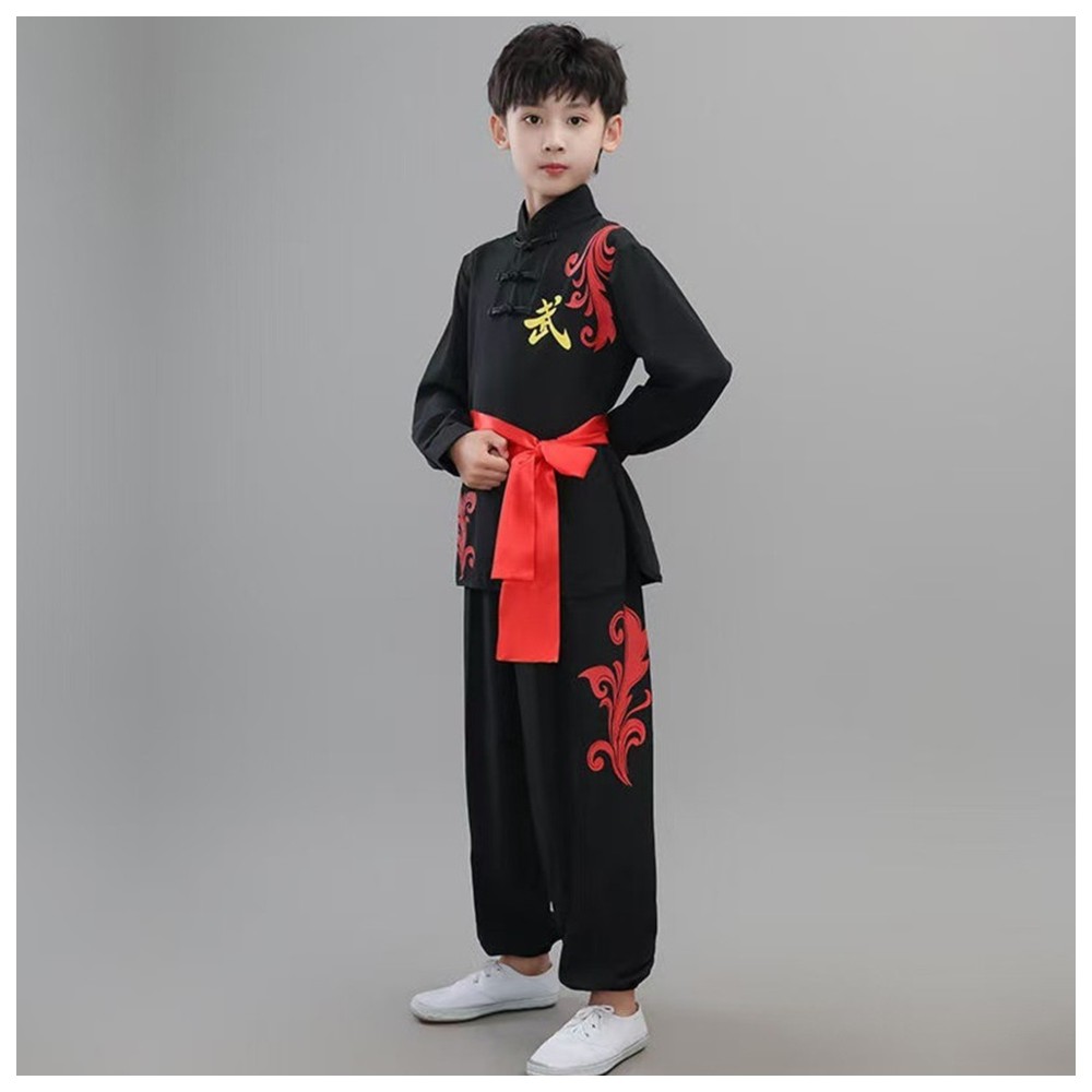Liangsanzhi - 2pc-Set - Boy's Chinese Kung Fu Uniform With Waist Belt - Black/Red