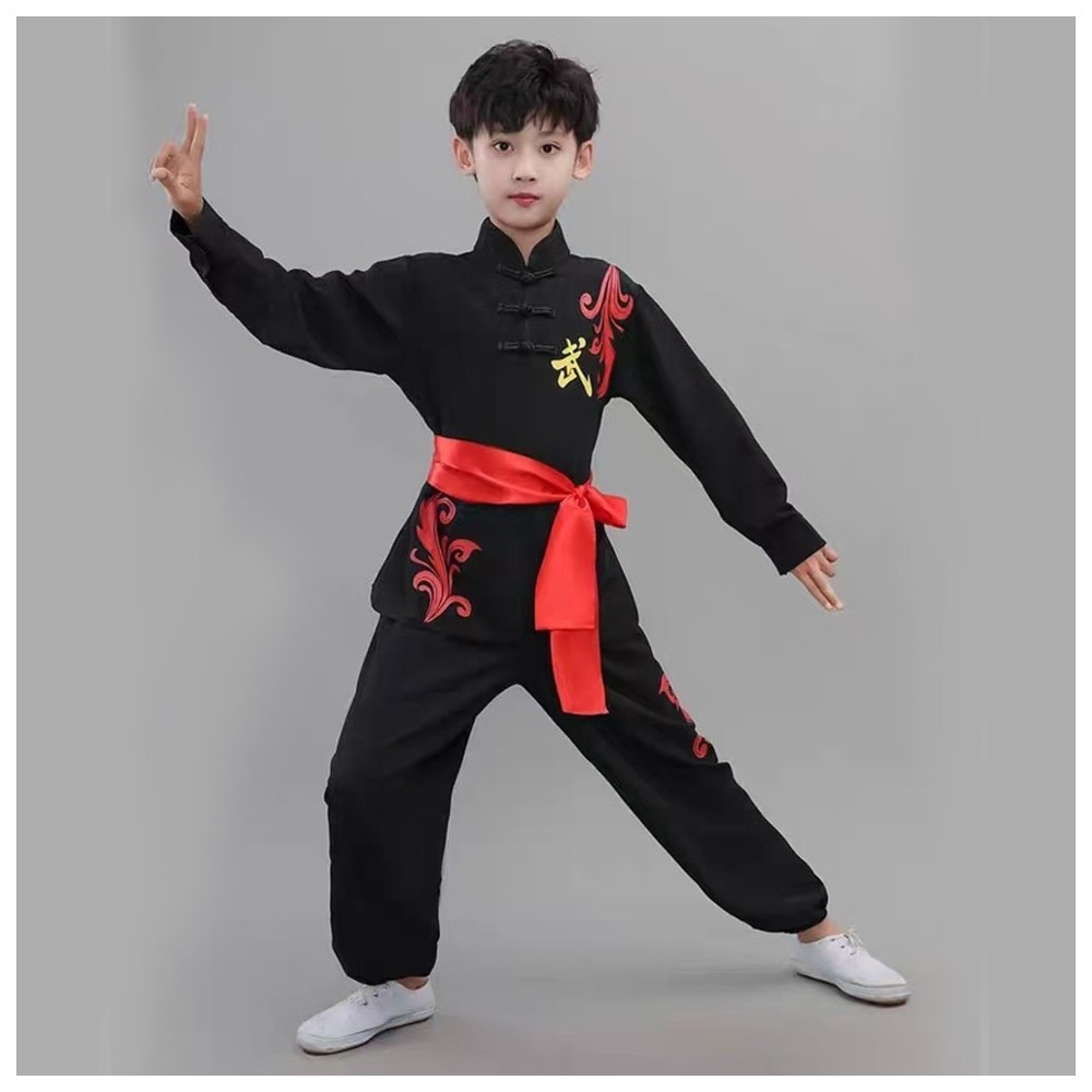 Liangsanzhi - 2pc-Set - Boy's Chinese Kung Fu Uniform With Waist Belt - Black/Red