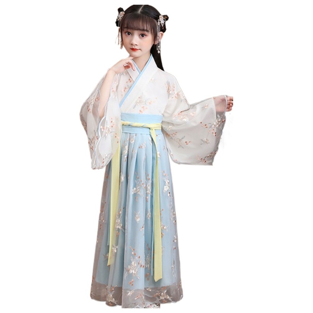 Liangsanzhi - Girl's Ancient Chinese Hanfu High-Waisted Fairy Costume Dress - Blue