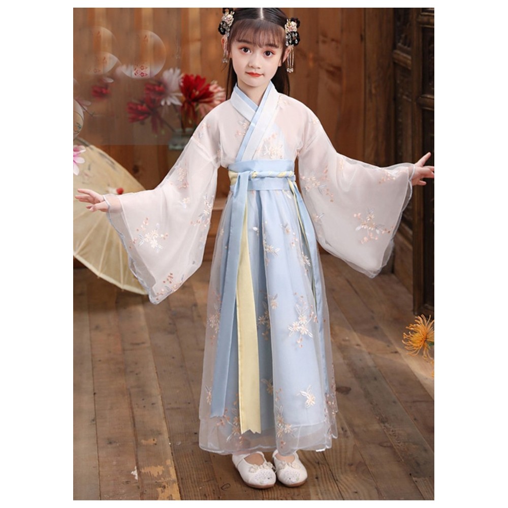 Liangsanzhi - Girl's Ancient Chinese Hanfu High-Waisted Fairy Costume Dress - Blue